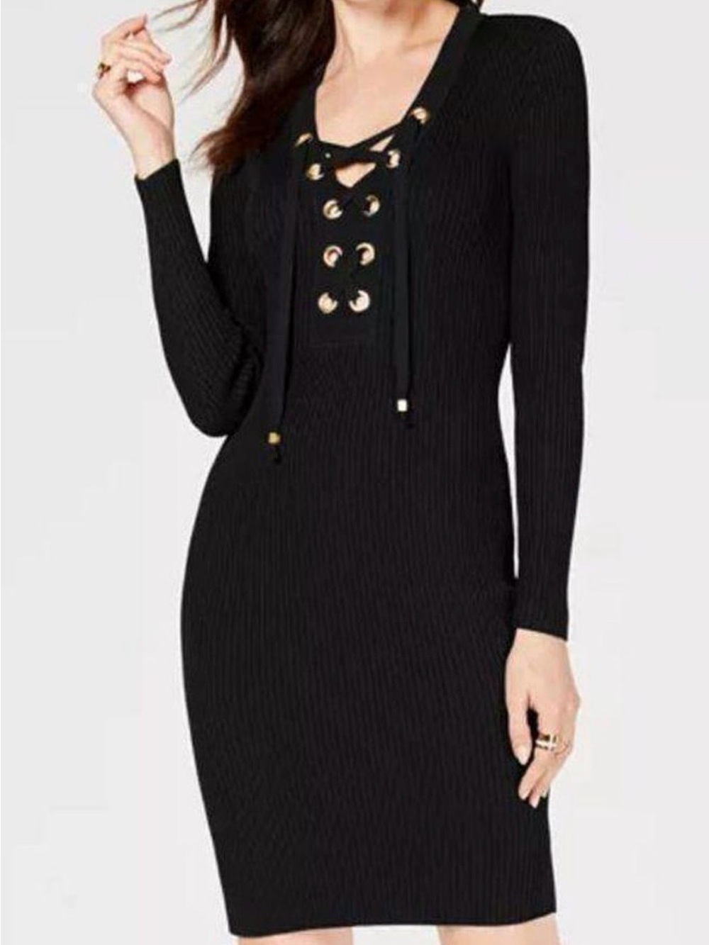 Michael Kors Black Ribbed Lace-Up Long Sleeve Dress